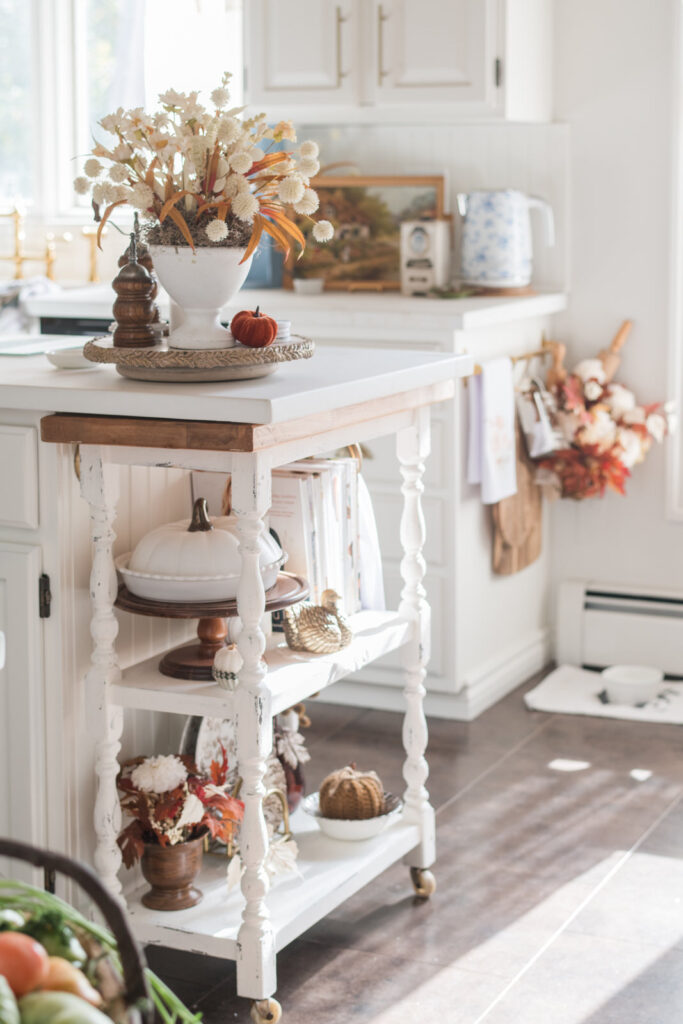 Kitchen cart decorated for fall 