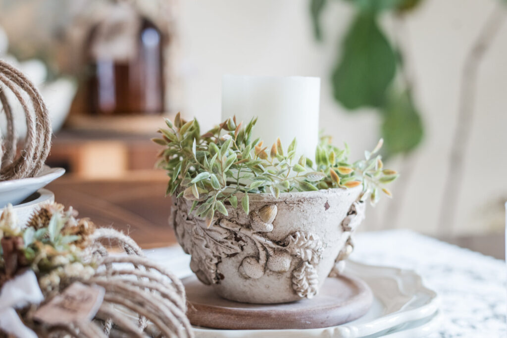 Aged wood bowl transformed into a fall accent with clay embellishments