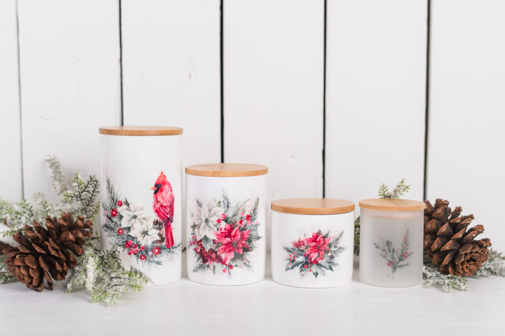 Ceramic canister with red poinsettias and cardinal, Classic Christmas Collection