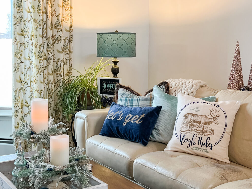 DIY Christmas pillow covers made with Chalk Couture silk-screen stencils in navy velvet and drop cloth fabric for the reindeer pillow.