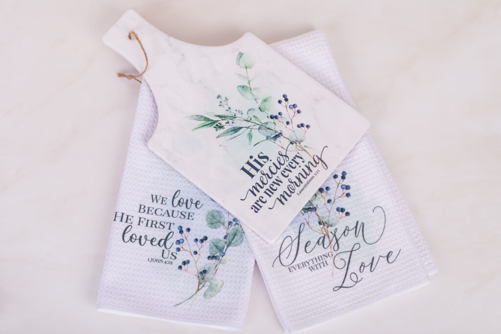 Winterberry Christian gift set with a trivet with two tea towels with scripture