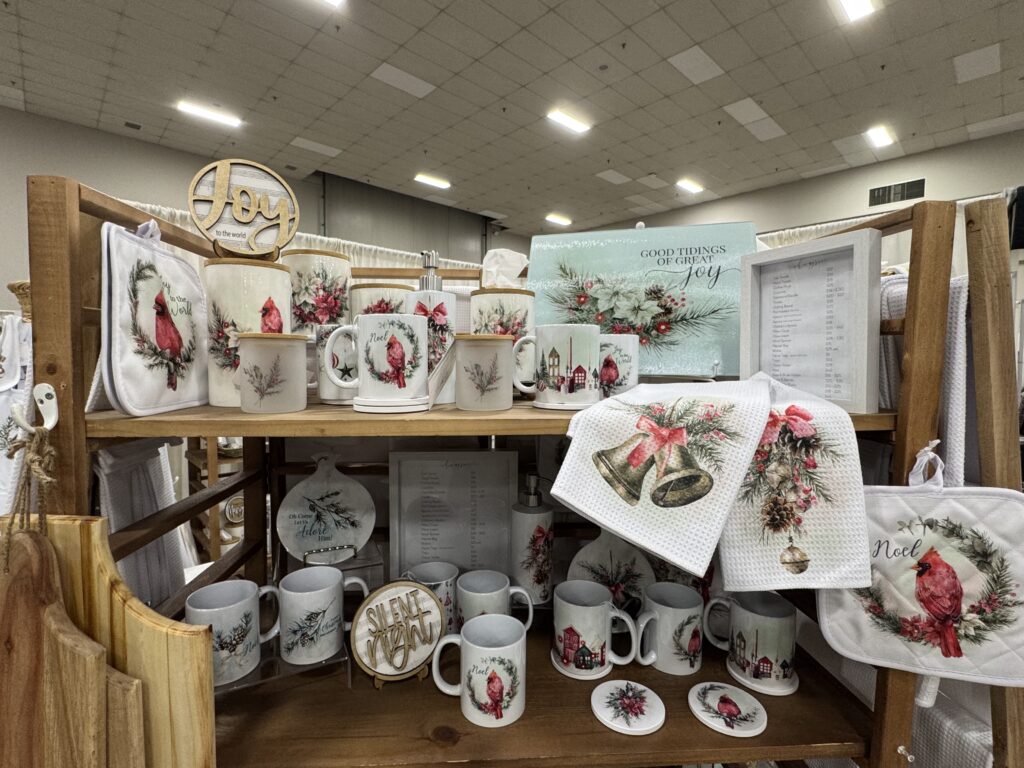 Handcrafted Christmas decor and cozy seasonal home pieces from At Home With Chic & Grace featured at the Festival of Trees Gift & Sweet Shop in Red Deer.