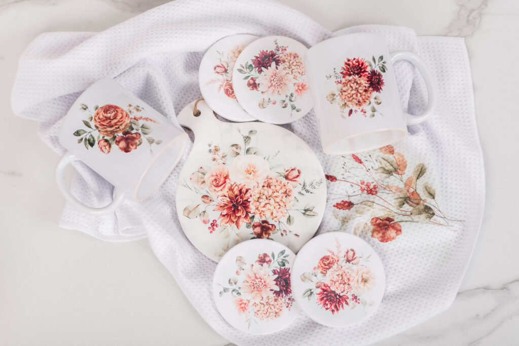 Cozy Coffee Gift Set in Spicy Floral with mugs, trivet, coasters, and tea towels