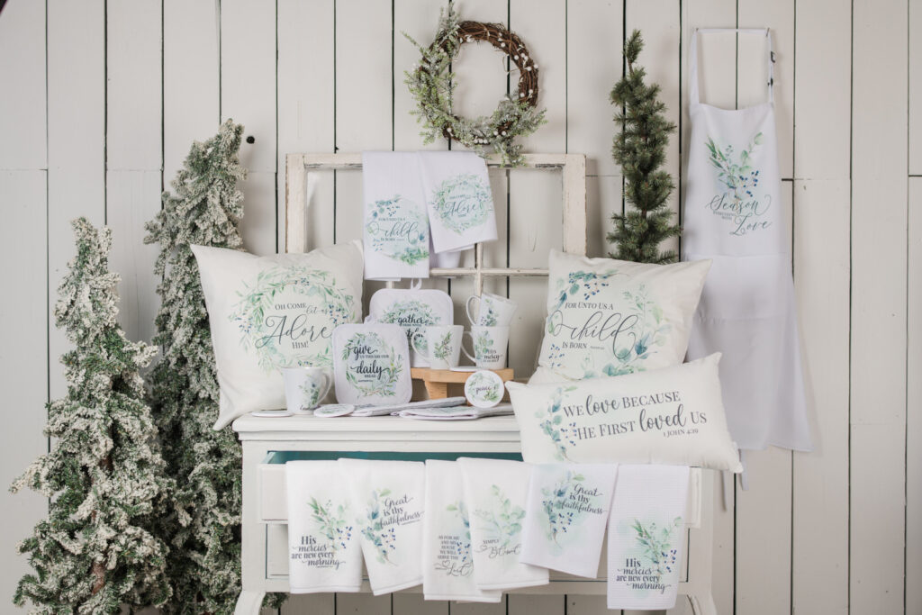 Winterberry collection with tea towels, hand towels, pillows, and kitchen, decor in white, soft, blues, and greens