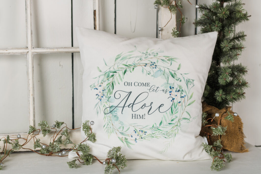 Oh come, let us adore him, pillow cover, styled with a farmhouse frame and Christmas tree