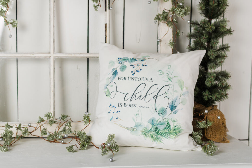 Unto us, a child is born white velvet pillow, cover styled with a farmhouse window frame