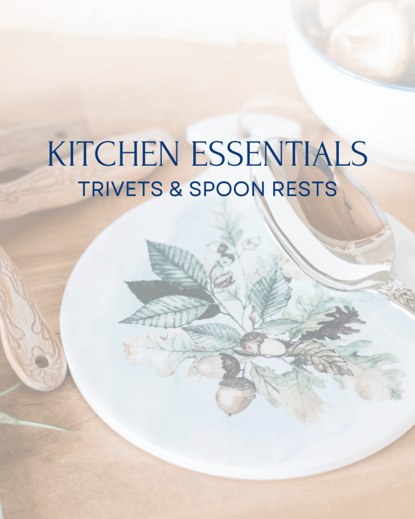 Ceramic trivets and spoon rests styled for holiday cooking