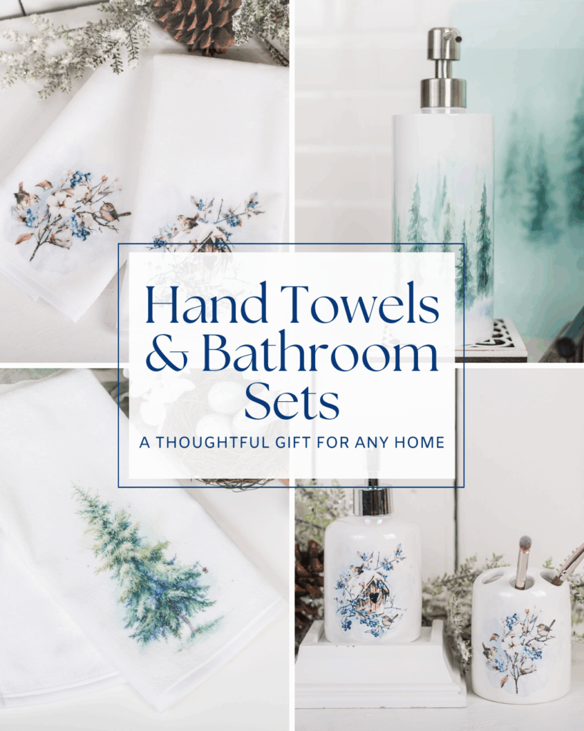 Cozy bathroom gift ideas with towels and soap dispensers