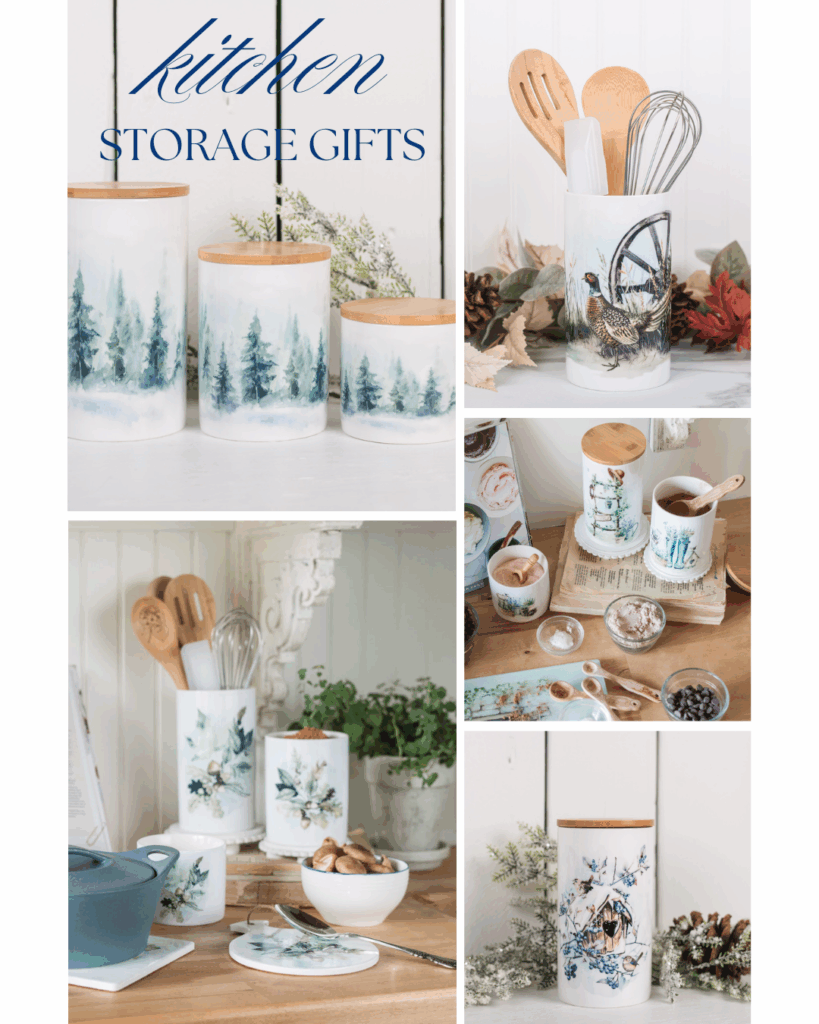 Kitchen storage gifts styled in a cozy cottage kitchen