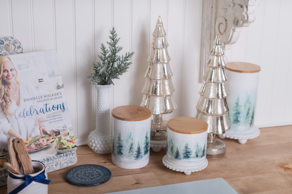 Christmas kitchen styled to transition into winter using forest-inspired decor