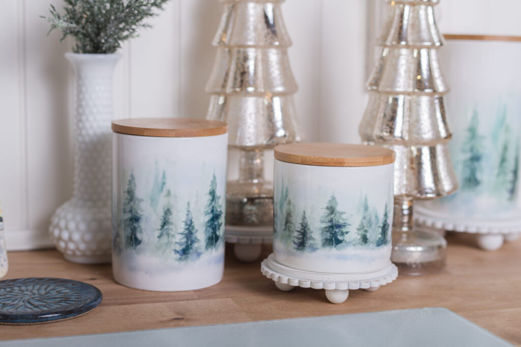 forest kitchen canister styled for Christmas & Winter in a kitchen