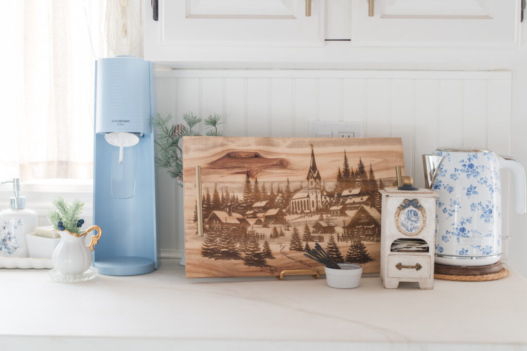 Tea area styled in the kitchen for Christmas 