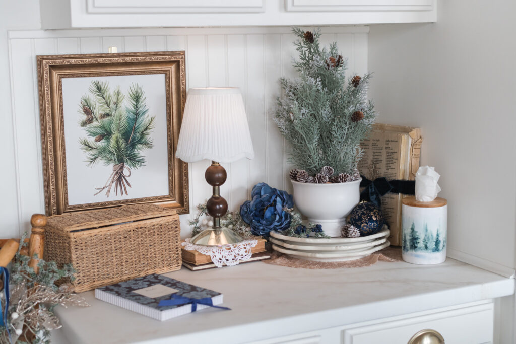 Desk area in kitchen styled for Christmas