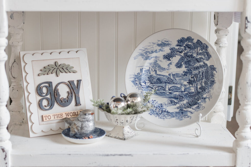 Christmas kitchen cart styled with winter decor, handmade touches, and layered textures