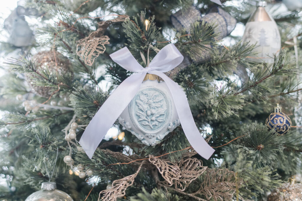 handmade heart shaped Christmas ornaments with white ribbon