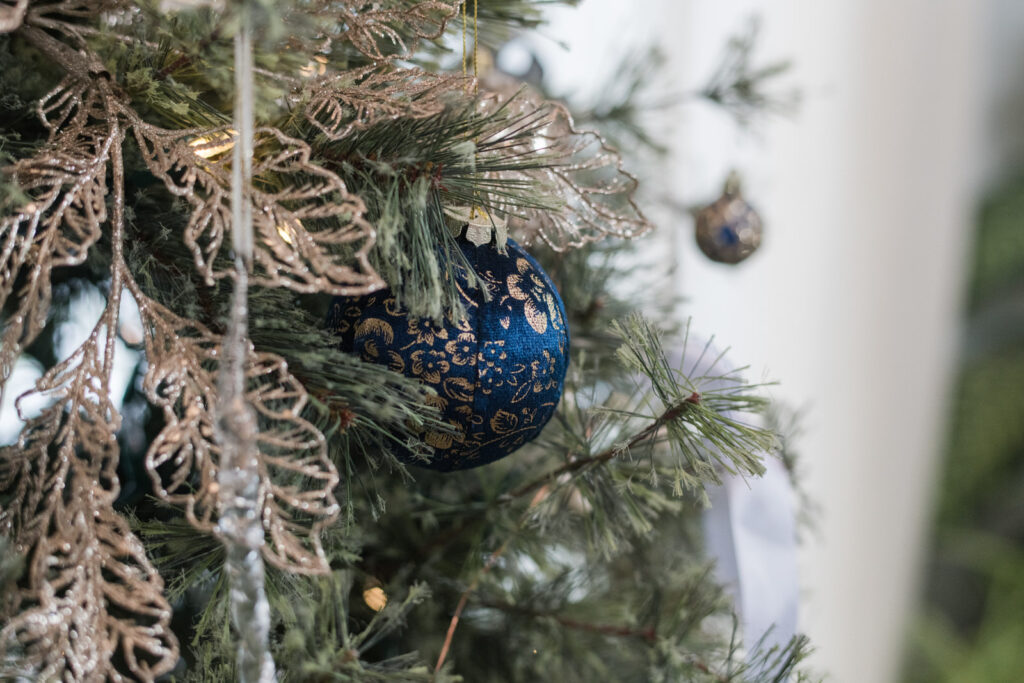 gold and blue Christmas tree ornaments