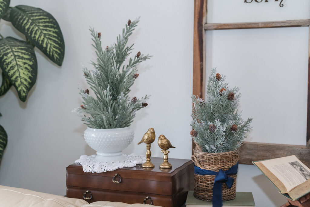Trees in a vintage basket and lamp shade for Christmas