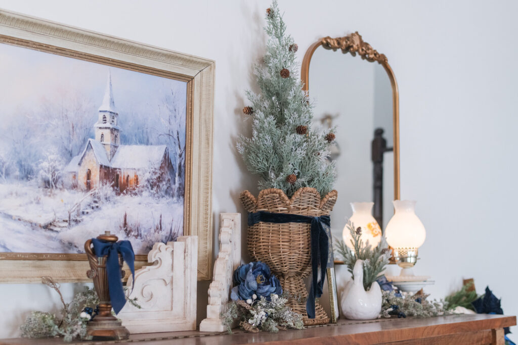 Christmas decor on a piano that can be styled on a mantle