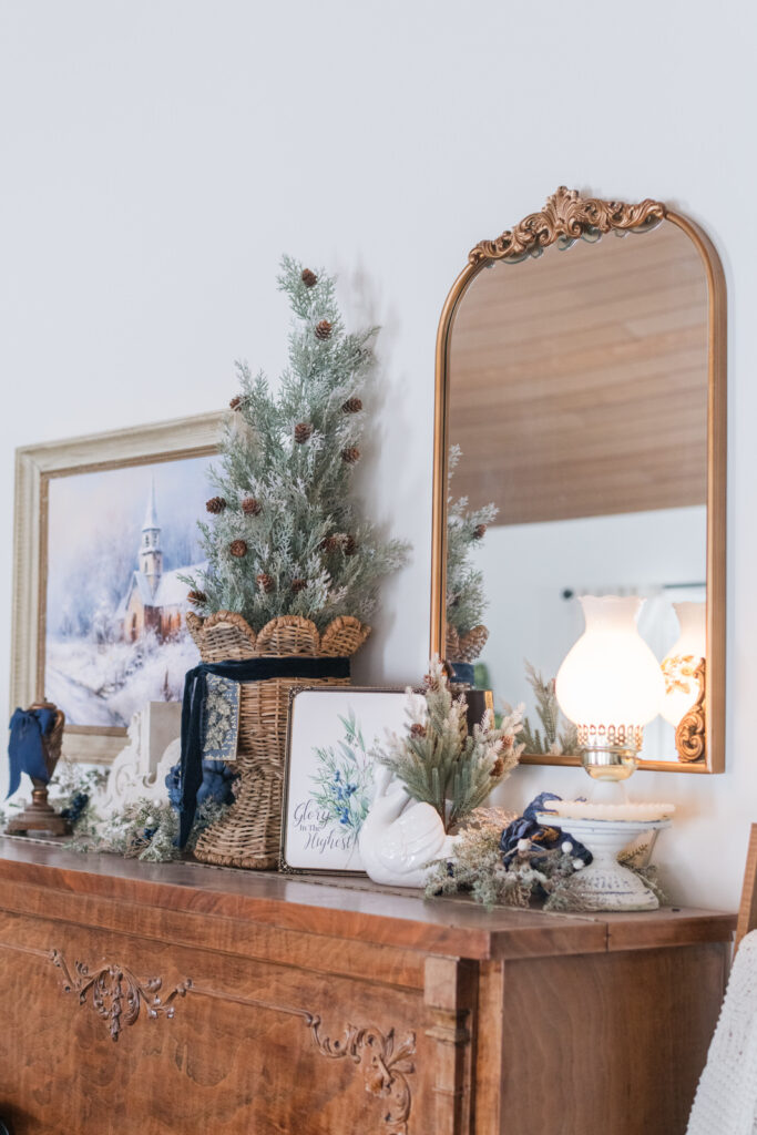 Christmas decor styled on top of a piano