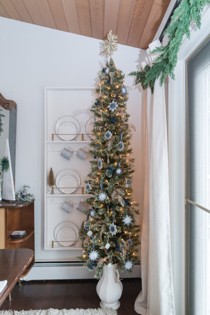 DIY Christmas tree stand in a dining room