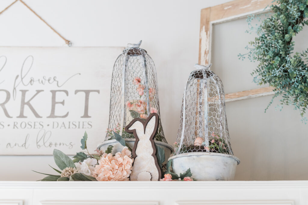 Spring display with DIY bunny on top of the kitchen cupboard. 