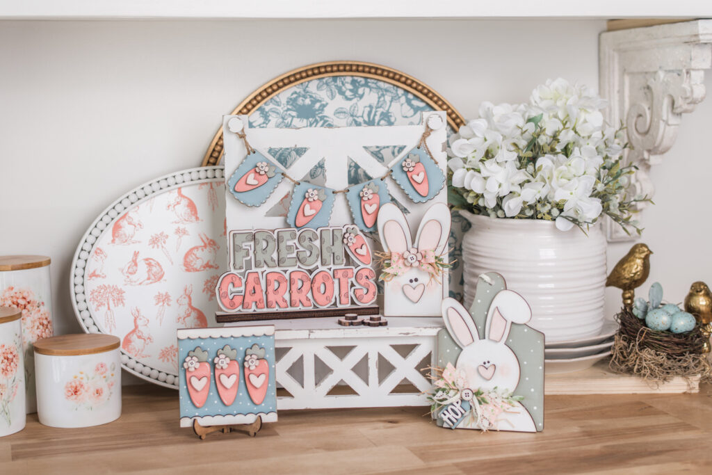 Fresh Carrots tiered tray Easter decor set in kitchen vignette