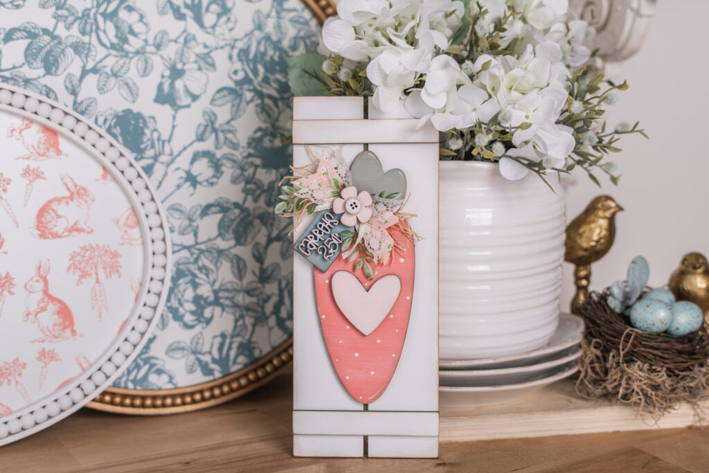 Finished Fresh Carrots carrot sign styled on a spring shelf