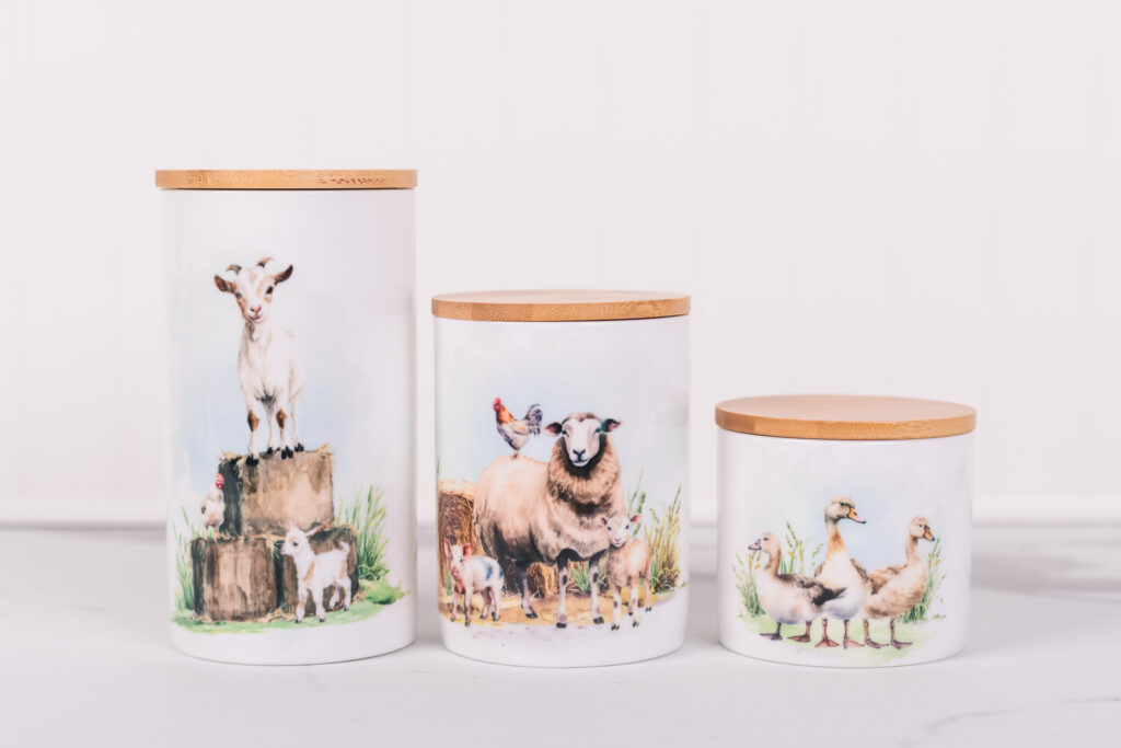 Farmhouse kitchen canisters from the Homestead Collection used for everyday storage