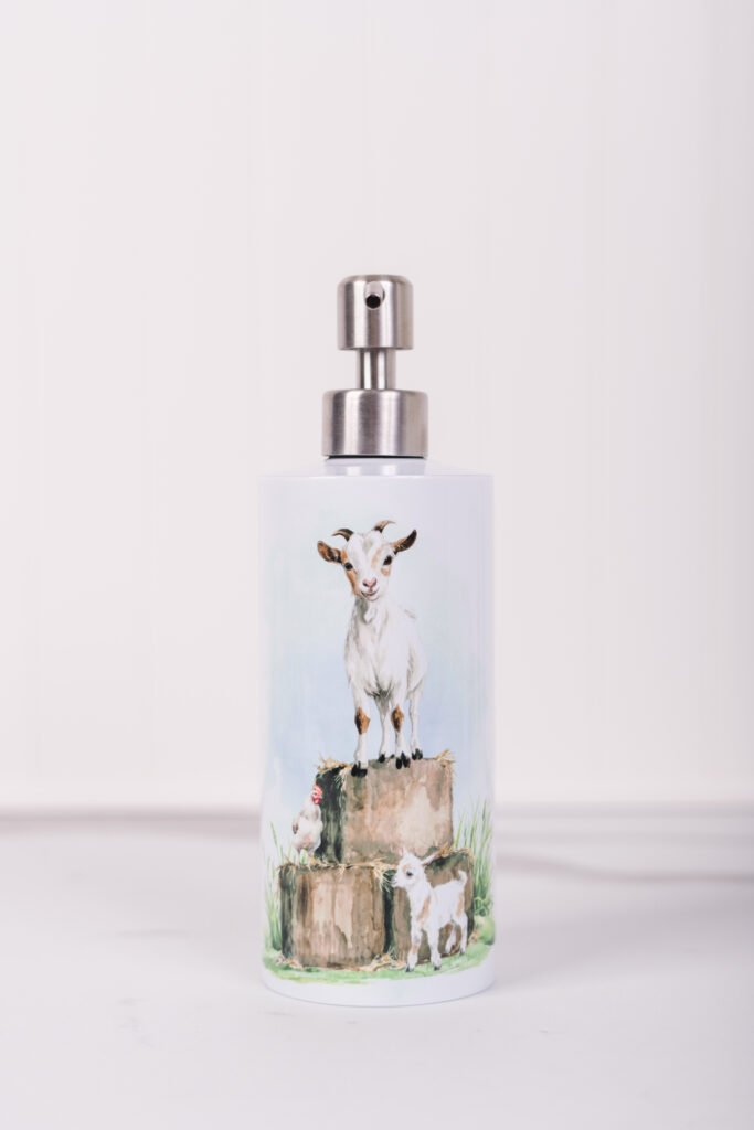 Farmhouse soap dispenser from the Homestead Collection with goats for kitchen or bathroom use
