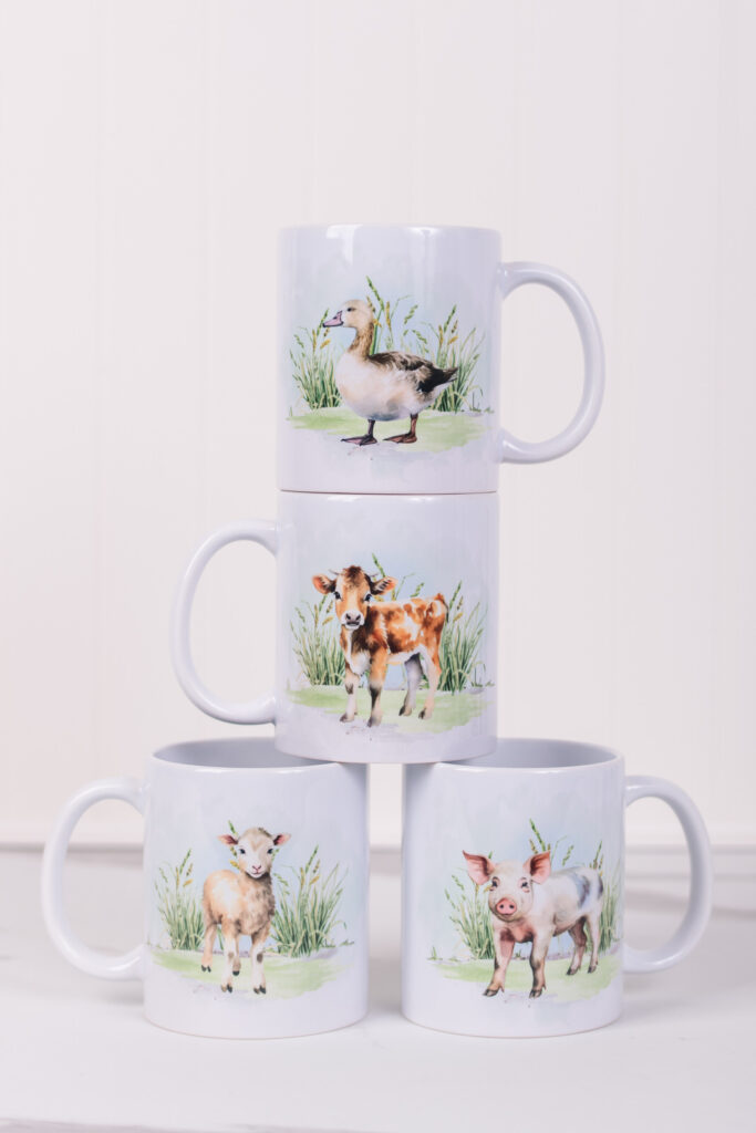 Farmhouse mugs from the Homestead Collection with barnyard animals