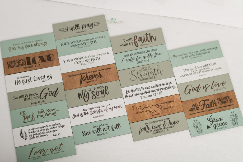 Engraved wooden scripture pieces for Scripture of the Week sign