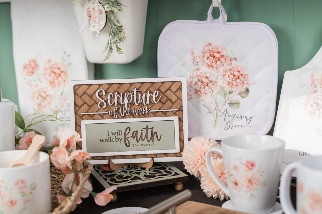 Scripture of the Week decor sign styled with Christian kitchen decor