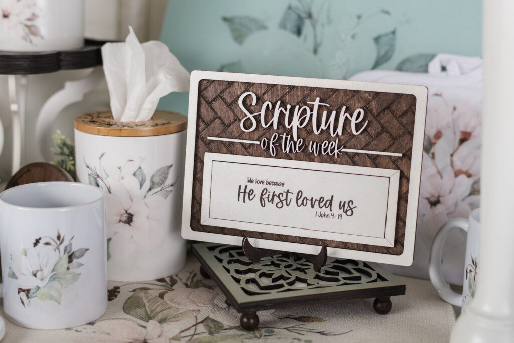 scripture of the week sign styled with neutral magnolia kitchen decor