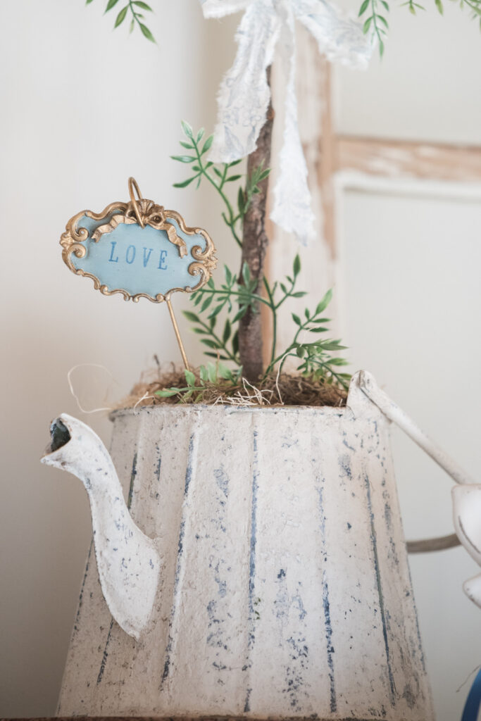 IOD mould plant tag with gold detailing and textured watering can using milk paint