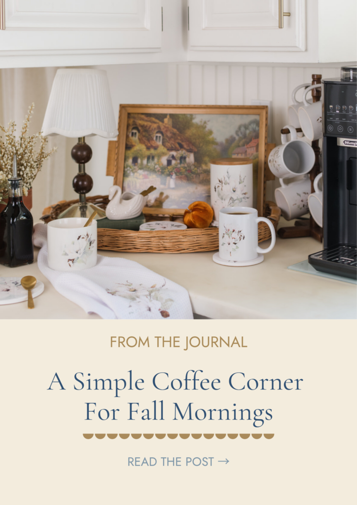 Magnolia collection fall coffee bar styled with mugs, canister, and coffee maker