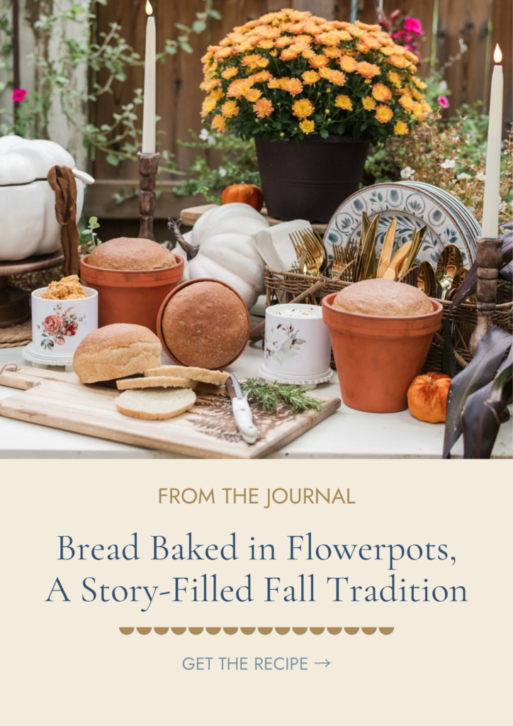 Old Homestead Sage Bread baked in terracotta pots, styled for a fall harvest table Pin