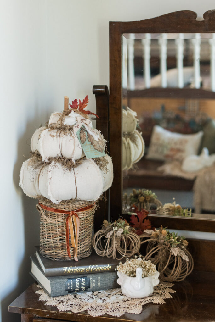 Autumn entryway decor with handmade pumpkins