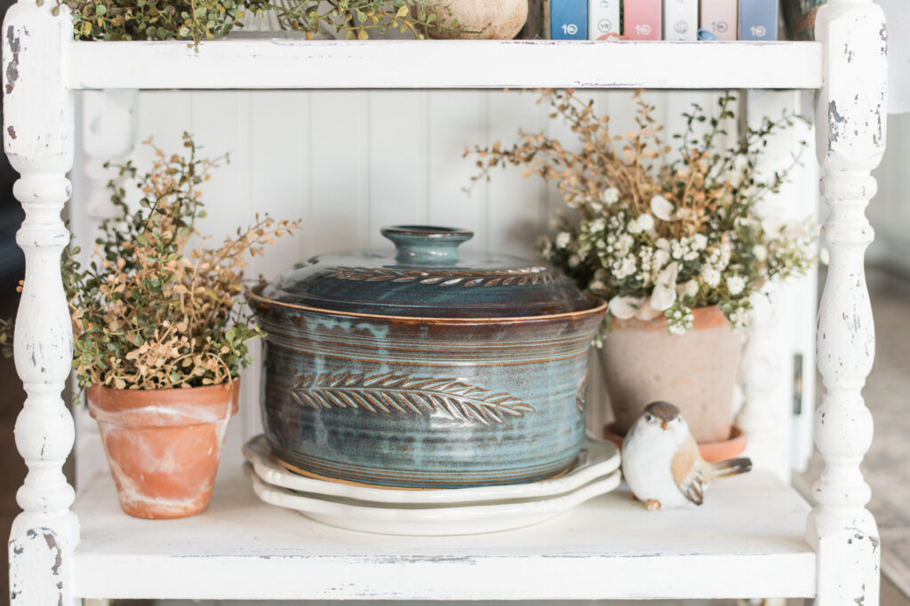 Close-up of handmade blue pottery from Sleepy Hollow Ceramics