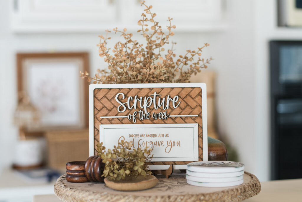 Scripture of the Week displayed on a kitchen island lazy Susan