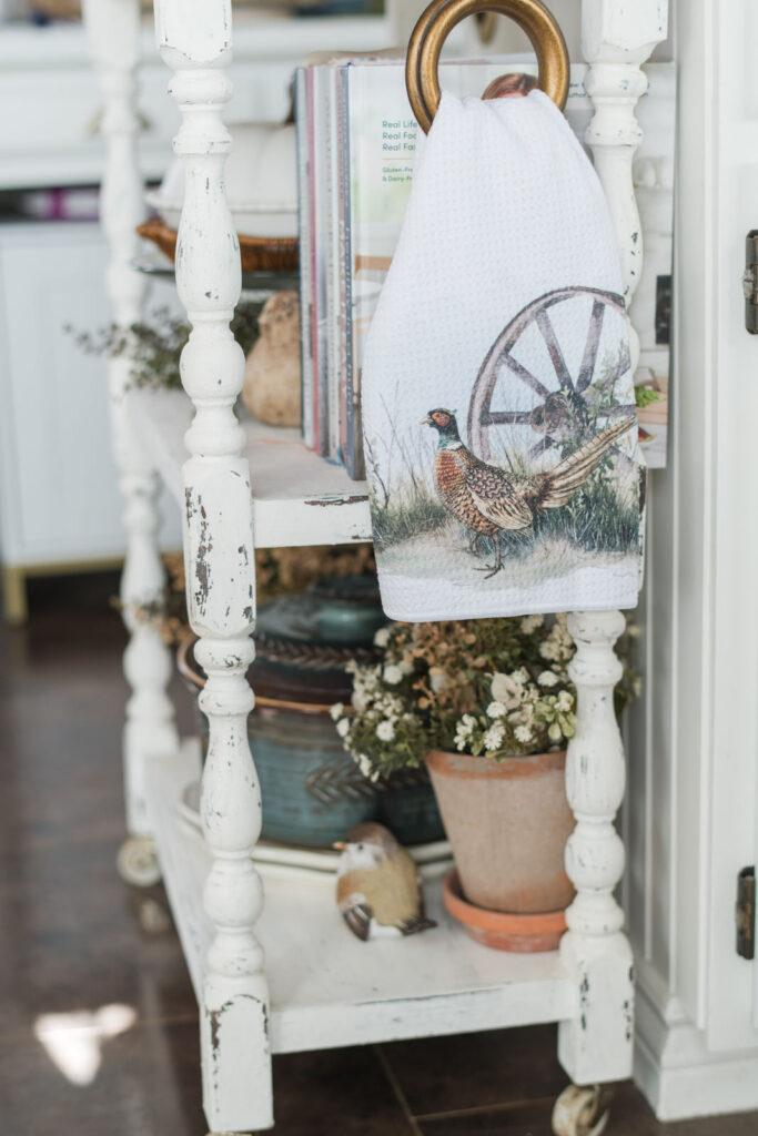 Close-up of a Heritage Collection tea towel on a kitchen cart