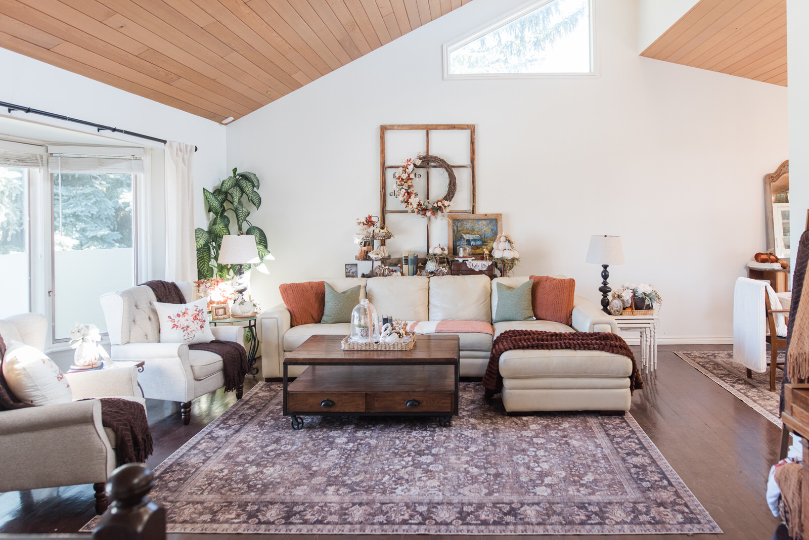 living room decorated for fall
