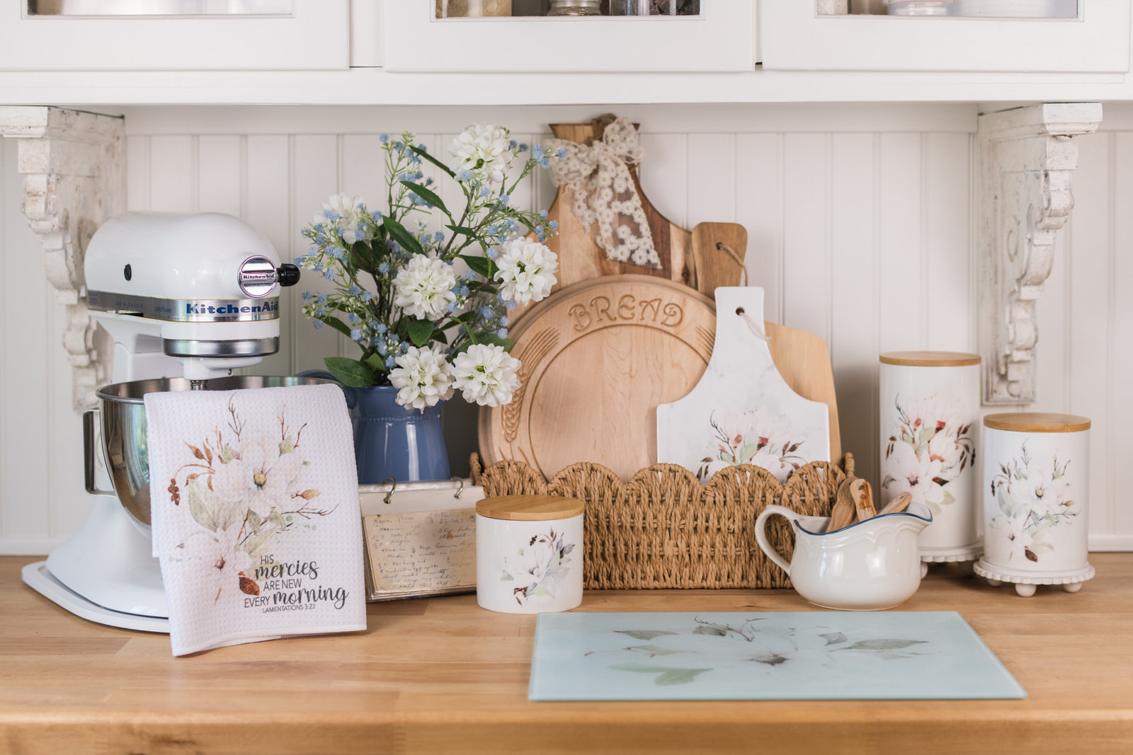 A summer baking nook styled with magnolia collection pieces for the kitchen