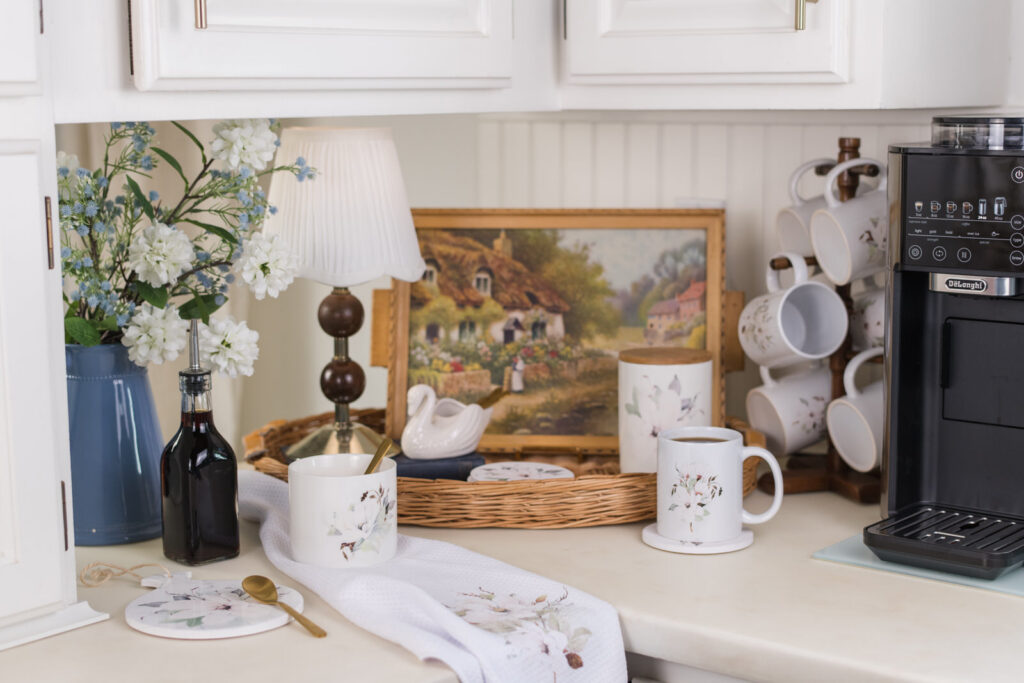 Magnolia coffee nook styled for summer with blue and white florals