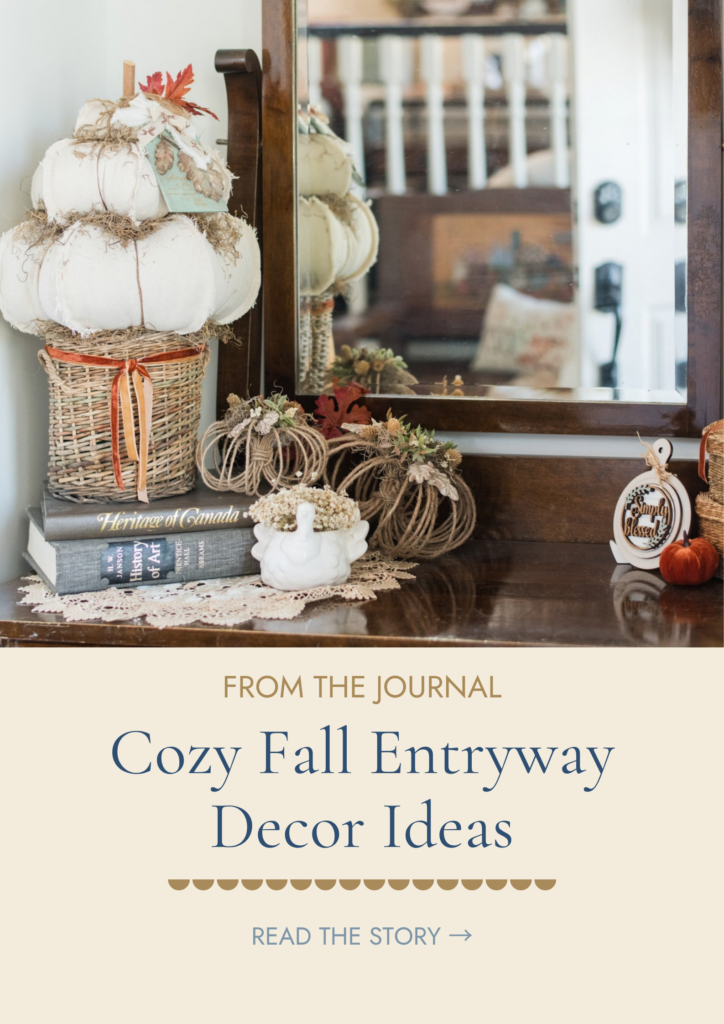 Fall entryway decor with handmade pumpkins, and Thrifted finds