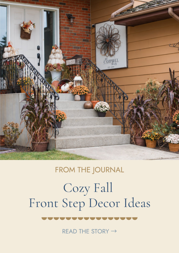 Autumn front step decorated with dropcloth topiary pumpkins, fall mums, autumn grasses and pumpkins